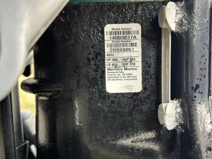  Yacht Photos Pics Close-up of Mercury Marine engine label on 2020 Boston Whaler 420 Outrage.