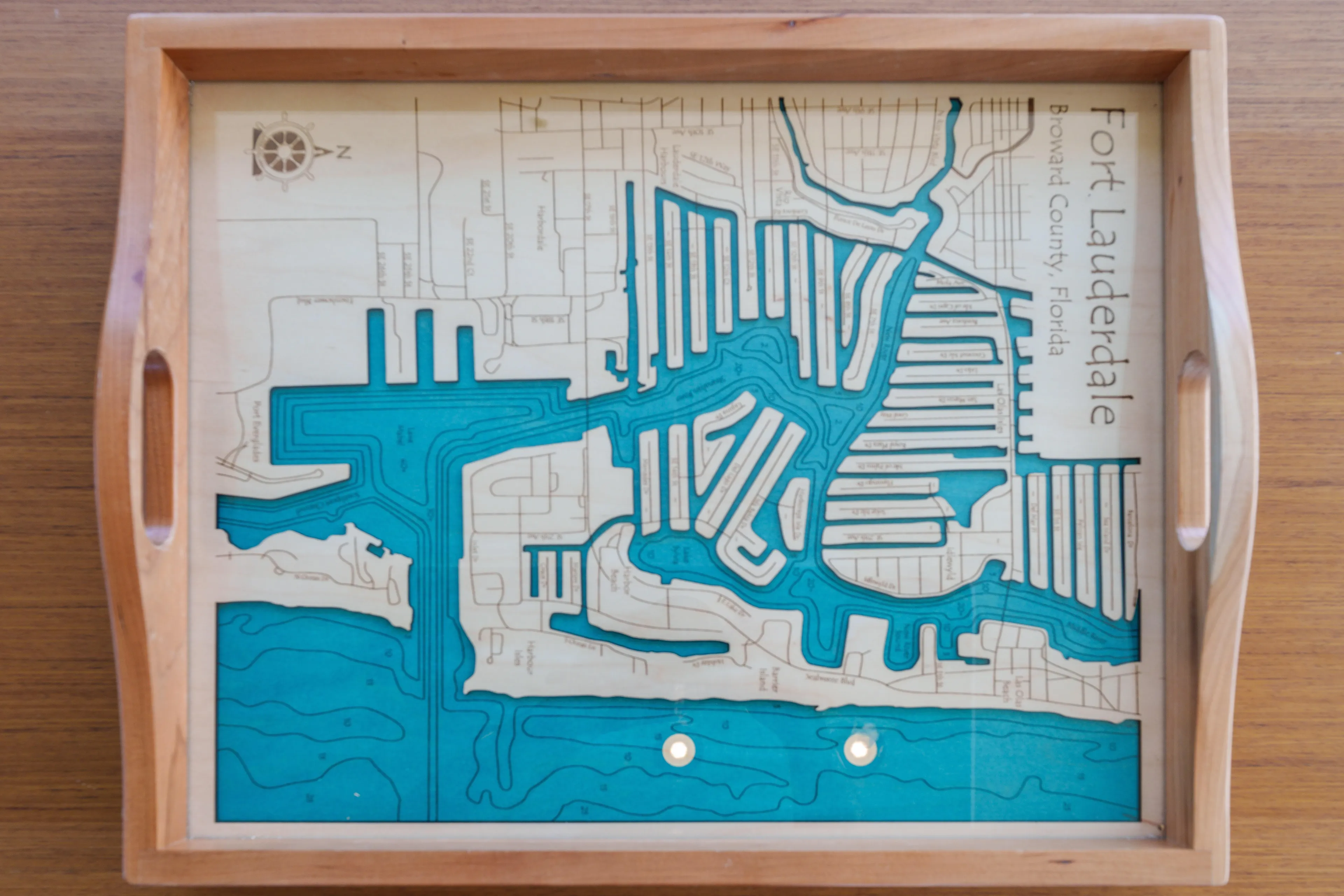 Carolina Blues Yacht Photos Pics Wooden tray with Fort Lauderdale map, Broward County, Florida, nautical theme.