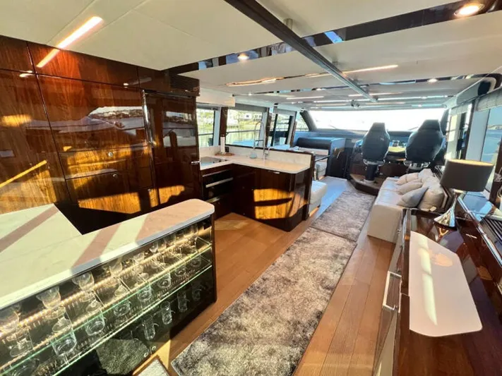 Blind Date Yacht Photos Pics Luxurious interior of 2020 Fairline Squadron 68 yacht with modern design and elegant furnishings.