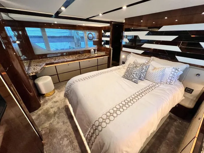 Blind Date Yacht Photos Pics Luxurious bedroom interior of 2020 Fairline Squadron 68 yacht with modern design and elegant decor.