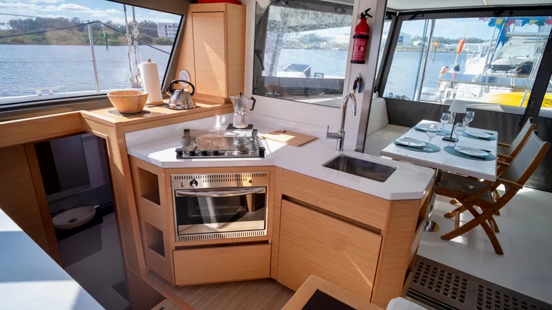 Muse Yacht Photos Pics Interior of 2019 Nautitech 40 Open with modern kitchen.