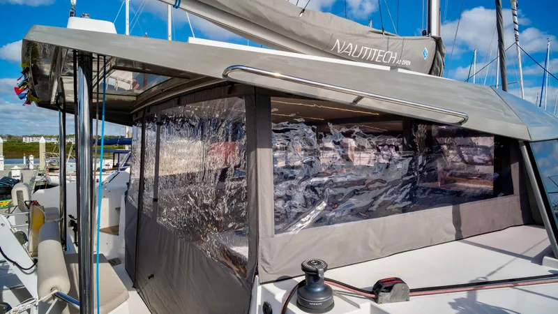 Muse Yacht Photos Pics Nautitech 40 Open 2019 catamaran with enclosed cabin at the marina.