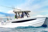 2023 Aquila 28 Molokai boat cruising on ocean with fishing rods.