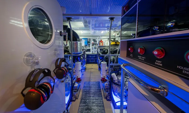Our Way III Yacht Photos Pics Engine room of 2023 Outer Reef Yachts 720 Motoryacht with control panels and equipment.