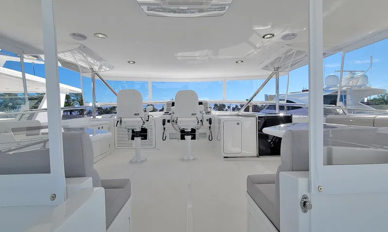 Our Way III Yacht Photos Pics 2023 Outer Reef Yachts 720 Motoryacht interior with helm chairs and panoramic windows.