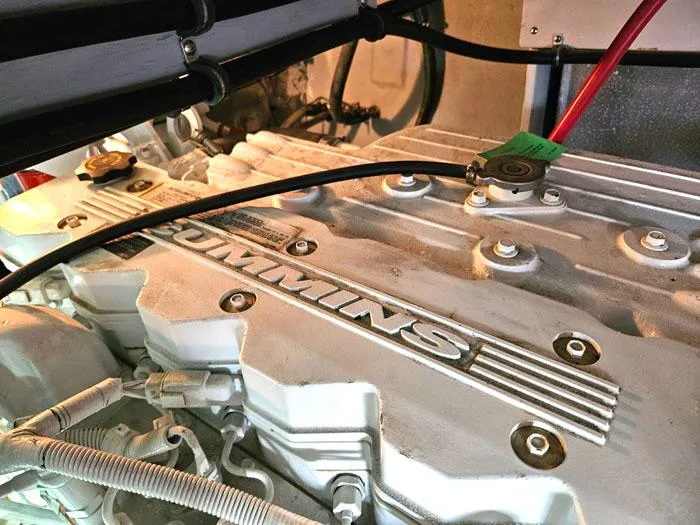  Yacht Photos Pics Cummins engine in 2007 Meridian 411 Sedan, showcasing detailed mechanical components.