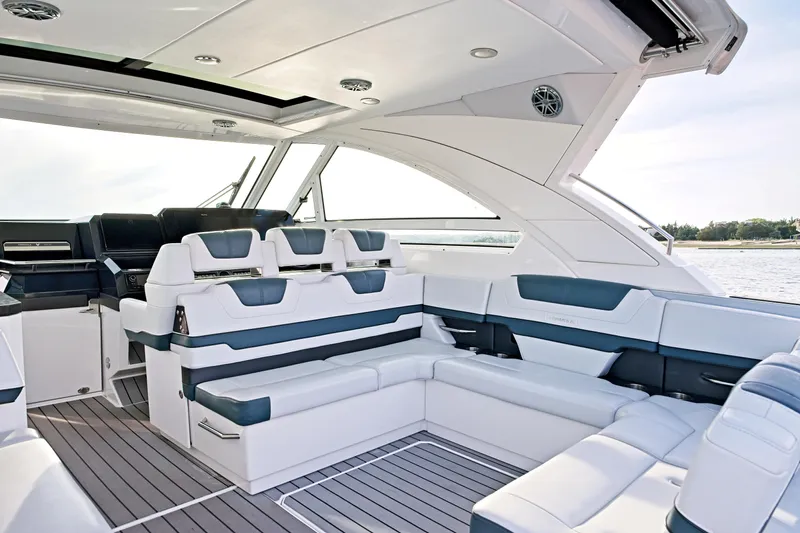 Yacht Photos Pics 2020 Formula 400 Super Sport Crossover luxury yacht interior with sleek seating and modern design.
