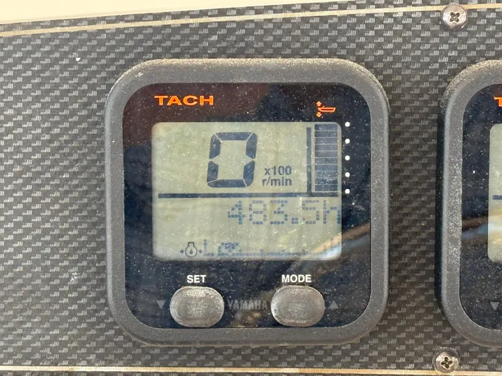 Fishin' Feinz Yacht Photos Pics Tachometer display on 2008 Grady-White 330 Express boat showing 4855.4 hours.