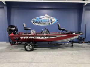 2025 Tracker Pro Team 175 Tournament Edition boat in showroom, red color, displayed at Foothills Marine Center.
