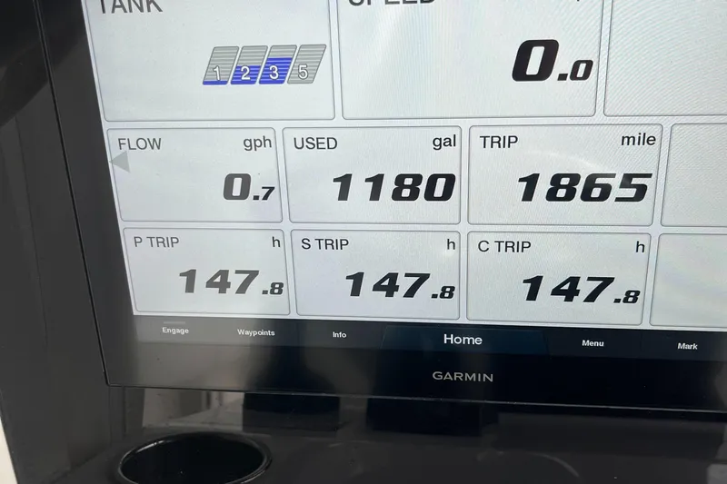  Yacht Photos Pics Garmin display on 2020 Jupiter 34 Center Console showing fuel and trip data.