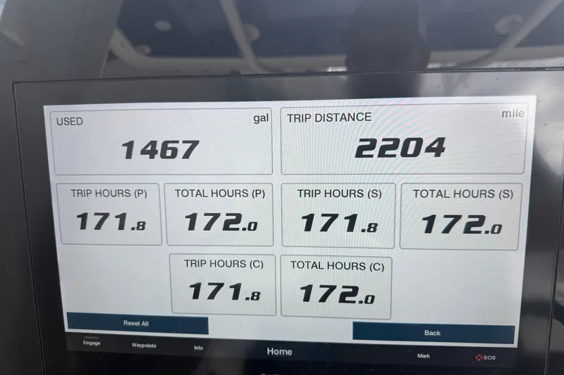  Yacht Photos Pics Display screen showing fuel usage and trip data for 2020 Jupiter 34 Center Console.