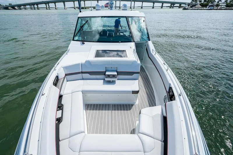  Yacht Photos Pics 2019 Formula 430 Super Sport Crossover boat with spacious seating on open water.
