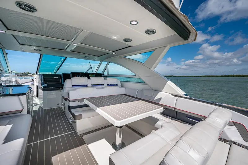  Yacht Photos Pics Luxurious interior of 2019 Formula 430 Super Sport Crossover yacht on a sunny day.