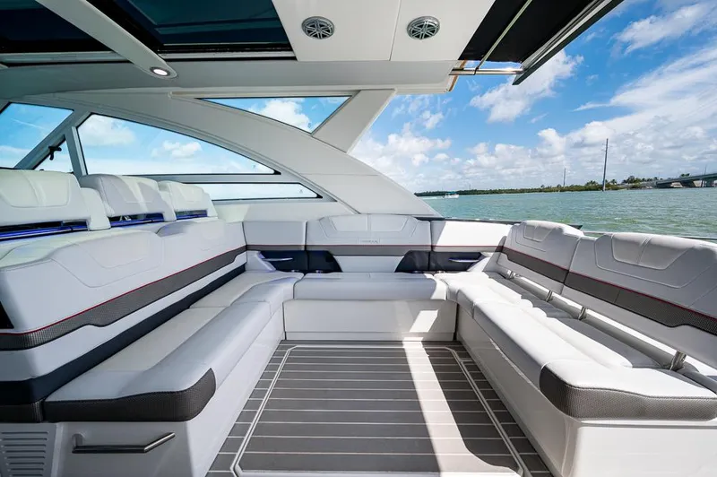  Yacht Photos Pics 2019 Formula 430 Super Sport Crossover luxury boat interior with spacious seating and scenic water view.