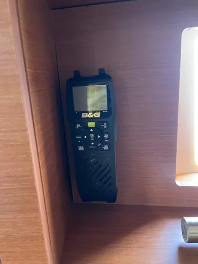Joie De Vivre Yacht Photos Pics B&G marine radio inside a 2014 Beneteau Oceanis 48 yacht cabin.