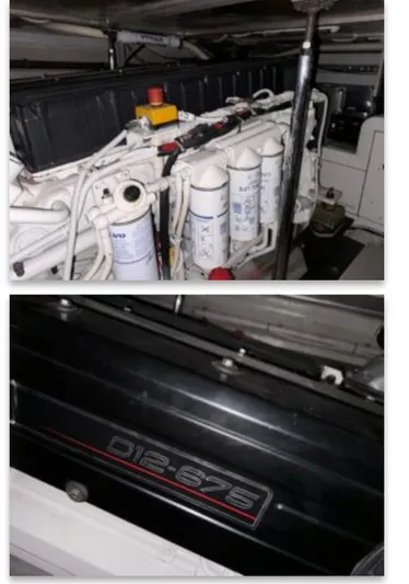Flying Lady Yacht Photos Pics Engine room of 2004 Carver 570 Voyager Pilothouse, featuring D12-675 engine components.