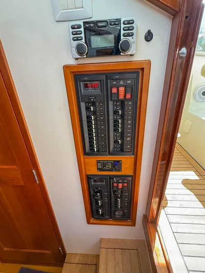 Moncri Yacht Photos Pics Electrical panel and stereo system on a 2012 MJM 36z Downeast boat.