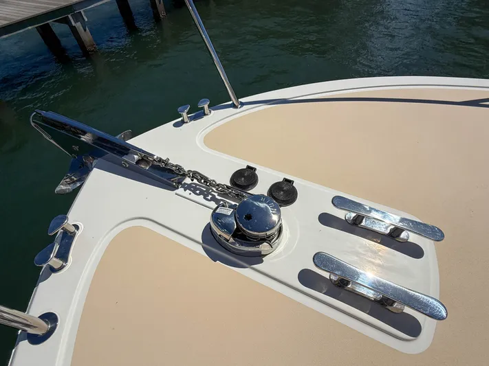 Moncri Yacht Photos Pics Bow of 2012 MJM 36z Downeast boat with anchor and cleats.
