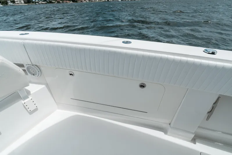  Yacht Photos Pics 2012 Jupiter 34 FS boat interior with white seating and ocean view.