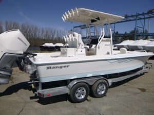 2024 Ranger 2360 Bay boat on a trailer with a Mercury outboard motor.