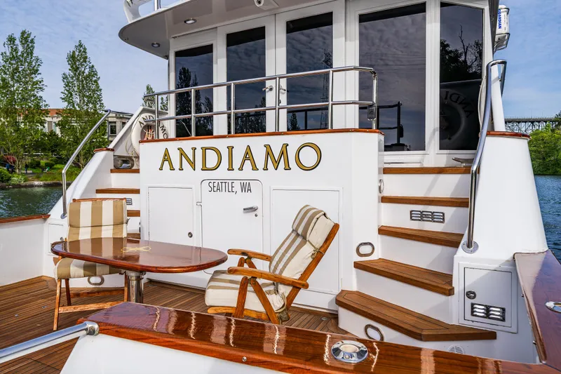 Andiamo Yacht Photos Pics Luxury yacht deck with seating, Broward 102, 1991 model, named "Andiamo," Seattle, WA.