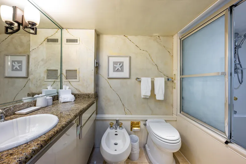 Andiamo Yacht Photos Pics Luxurious bathroom with granite countertop, bidet, and shower in a 1991 Broward 102 yacht.