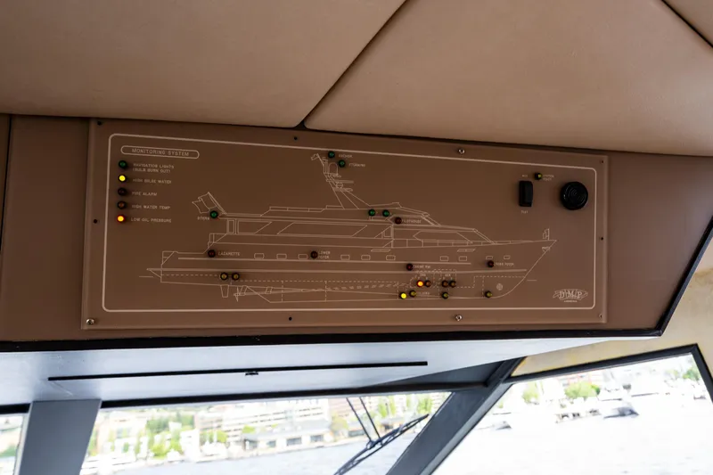 Andiamo Yacht Photos Pics Control panel of a 1991 Broward 102 yacht with schematic and indicator lights.