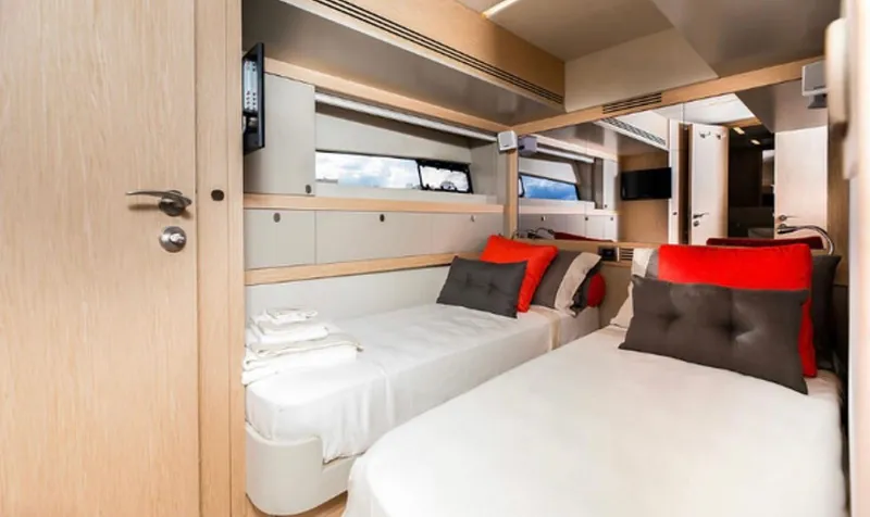  Yacht Photos Pics Luxurious interior of 2019 Numarine 78 yacht with twin beds and modern decor.