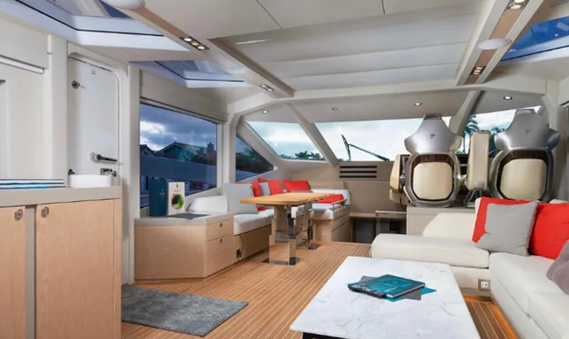  Yacht Photos Pics Luxurious interior of 2019 Numarine 78 yacht with modern seating and elegant decor.