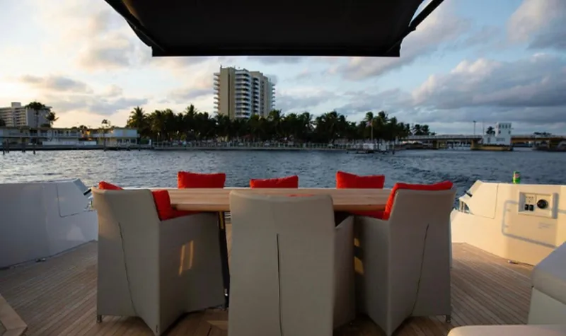  Yacht Photos Pics Luxury Numarine 78 yacht deck with seating, overlooking scenic waterfront view, 2019 model.