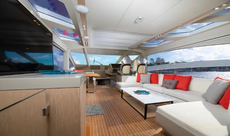  Yacht Photos Pics Luxurious interior of 2019 Numarine 78 yacht with modern furnishings and panoramic windows.