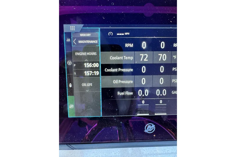 Yacht Photos Pics Display screen of a 2025 Intrepid 327 Cuddy showing engine maintenance data.