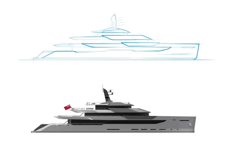 Above + Beyond Yacht Photos Pics Conceptual design of Turquoise 65M yacht, 2028 model, featuring sleek lines and modern aesthetics.