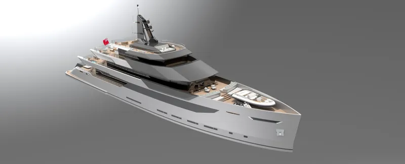 Above + Beyond Yacht Photos Pics Futuristic Turquoise 65M yacht, 2028 model, sleek design, gray background.
