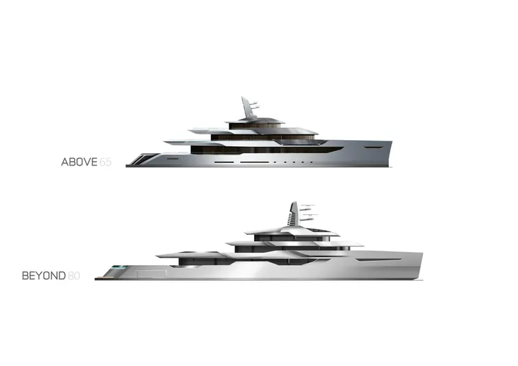 Above + Beyond Yacht Photos Pics Two sleek yacht designs, Turquoise 65M, 2028 model, side view comparison.