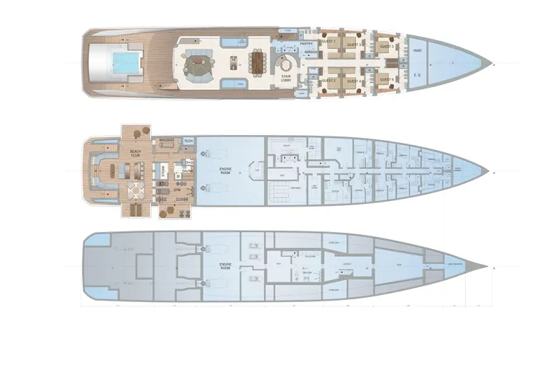 Above + Beyond Yacht Photos Pics Deck layout of 2028 Turquoise 65M yacht, featuring pool and multiple cabins.