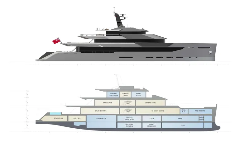 Above + Beyond Yacht Photos Pics Turquoise 65M yacht design, side view and layout, 2028 model.
