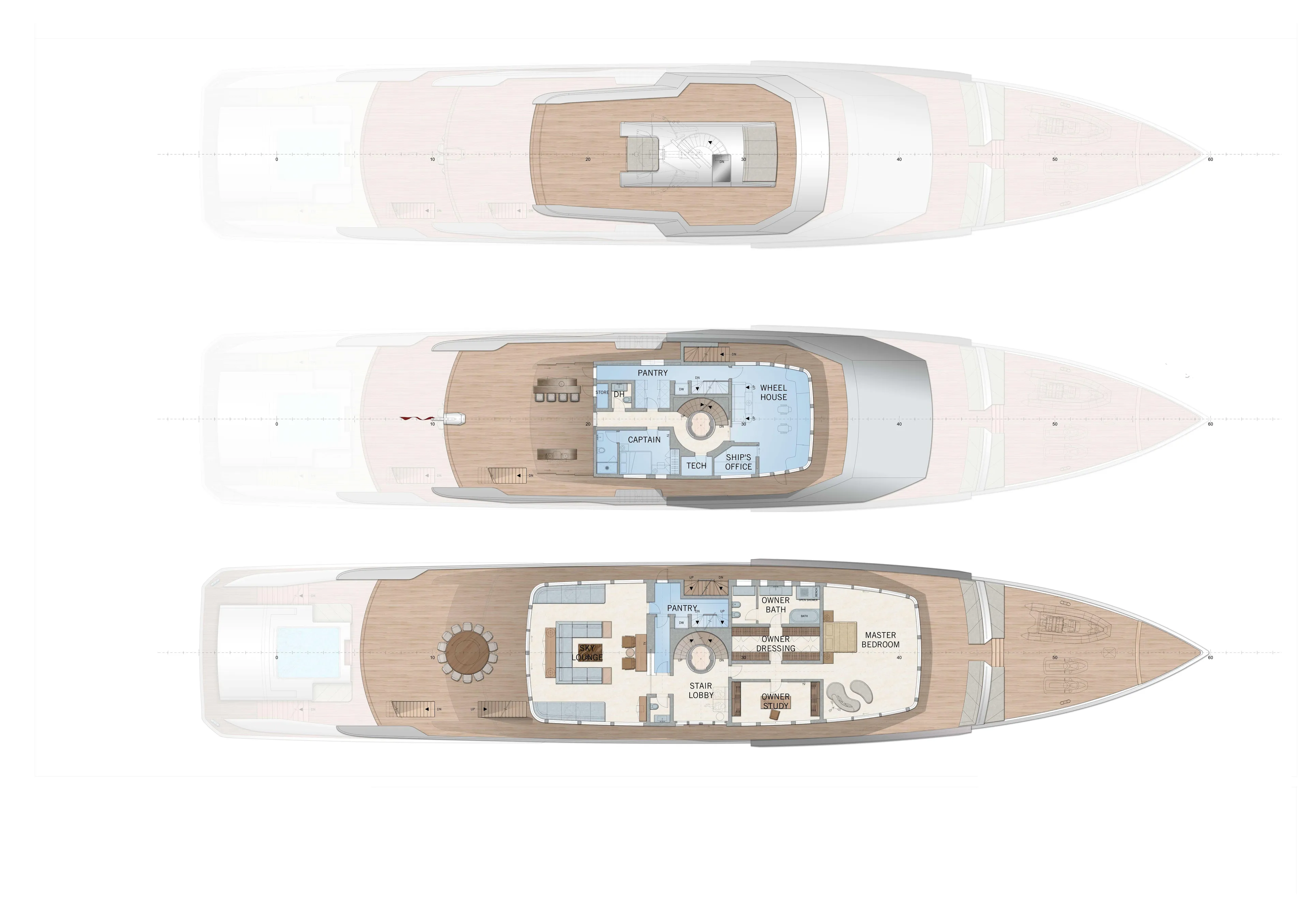 Above + Beyond Yacht Photos Pics Deck layout of 2028 Turquoise 65M yacht, showcasing three levels with detailed interior design.