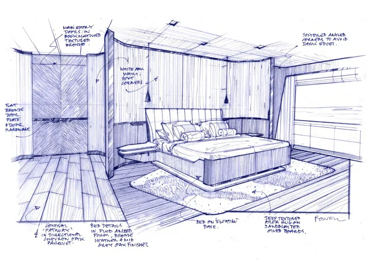 Above + Beyond Yacht Photos Pics Sketch of a modern bedroom design with detailed annotations, Turquoise 65M, 2028.