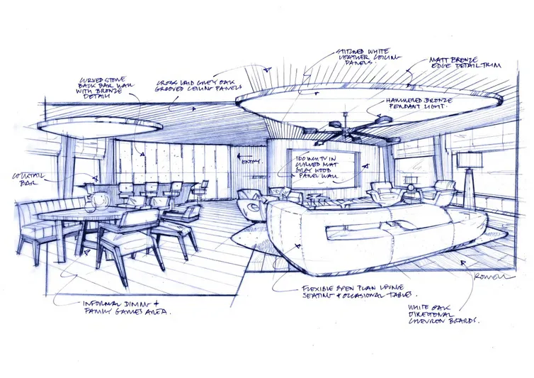 Above + Beyond Yacht Photos Pics Open-plan living room sketch with modern furniture, ceiling fans, and dining area. Turquoise 65M, 2028 design.