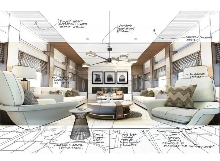 Above + Beyond Yacht Photos Pics Luxurious yacht interior design sketch with modern furniture and detailed annotations, Turquoise 65M, 2028.