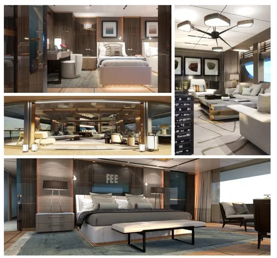 Above + Beyond Yacht Photos Pics Luxurious interior of Turquoise 65M yacht, 2028 model, featuring elegant bedrooms and spacious living areas.