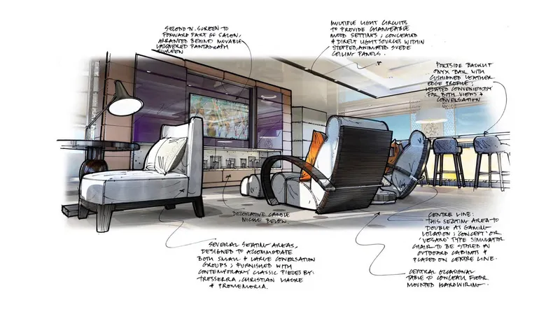 Above + Beyond Yacht Photos Pics Modern living room sketch with contemporary furniture, ambient lighting, and a large screen. Turquoise 65M, 2028.