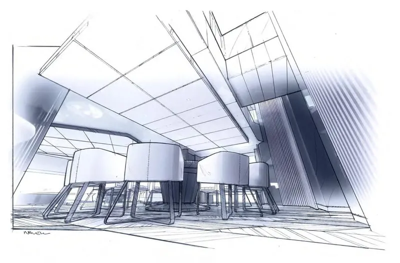 Above + Beyond Yacht Photos Pics Futuristic architectural sketch of a modern interior with chairs and geometric ceiling, Turquoise 65M 2028.