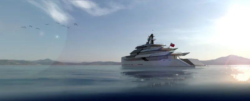 Above + Beyond Yacht Photos Pics Luxurious Turquoise 65M yacht on serene waters, 2028 model, with distant mountains and birds.