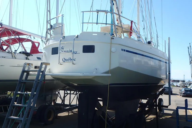 Si J'avais Su Yacht Photos Pics Custom Gilbert Caroff Lex Eterna 47 sailboat, 2017 model, docked in a shipyard.