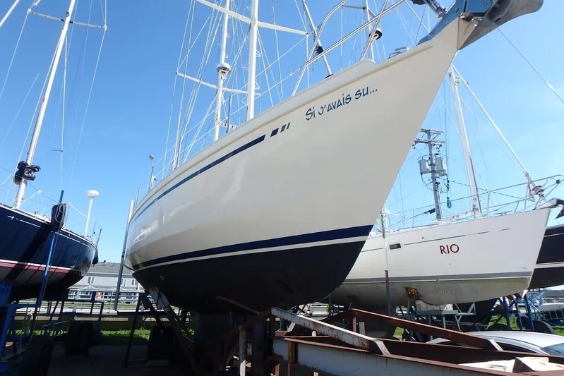 Si J'avais Su Yacht Photos Pics Custom Gilbert Caroff Lex Eterna 47 sailboat, 2017 model, docked on land.
