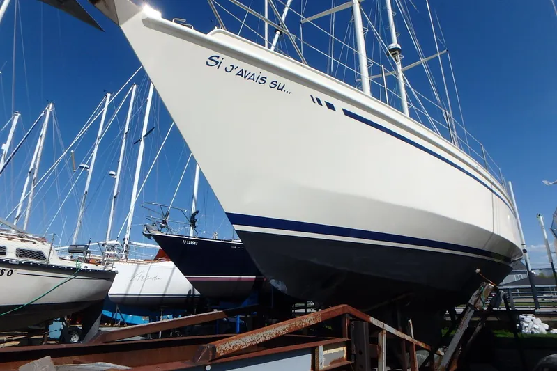 Si J'avais Su Yacht Photos Pics Custom Gilbert Caroff Lex Eterna 47 sailboat on dry dock, 2017 model, clear blue sky.