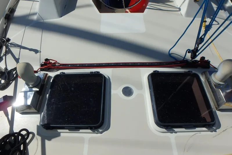 Si J'avais Su Yacht Photos Pics Deck of 2017 Custom Gilbert Caroff Lex Eterna 47 sailboat with hatches and rigging.