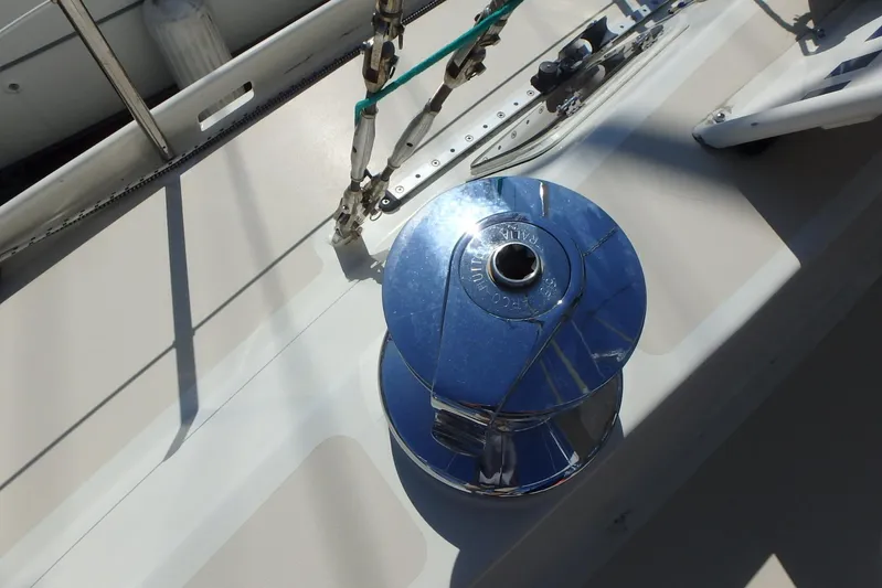 Si J'avais Su Yacht Photos Pics Close-up of a winch on a 2017 Custom Gilbert Caroff Lex Eterna 47 sailboat deck.